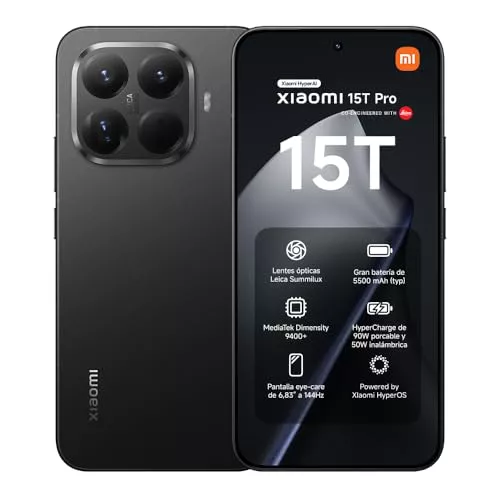 Xiaomi 15T Pro - Smartphone de 12+512GB, Lente óptica Leica Summilux, MediaTek Dimensity 9400+, Pantalla Eye Care de 6,83" 144 Hz, HyperCharge de 90W, Cargador no Incluido, Negro (Versión ES)