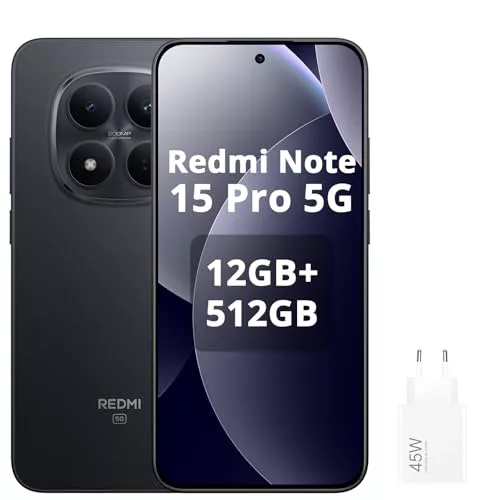 XIAOMI Smartphone Redmi Note 15 Pro 5G NFC, 12 + 512 GB, Negro, IP68, Pantalla AMOLED, Android 15, cámara 200 MP, 120 Hz, batería 6580 mAh, Carga rápida 45 W, con Cargador