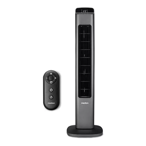 MEDION Ventilador de Torre P15 TF (con mando a distancia, 5 velocidades, modo noche silencioso, potencia 45 W, oscilación horizontal automática 80°, pantalla LED, MD10809) antracita