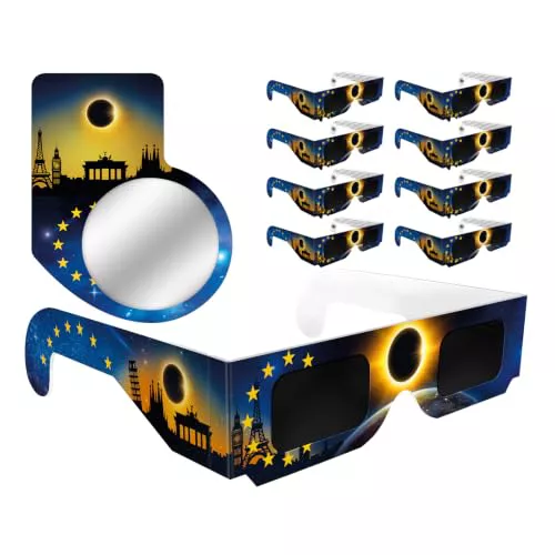 Gafas Eclipse Solar Homologadas 2026 (Paquete de 10), Cumple con las Normas CE e ISO, Seguras para Observar el Sol Directamente, con Filtro para Fotos, Diseño de Bandera (Solar Eclipse Glasses)