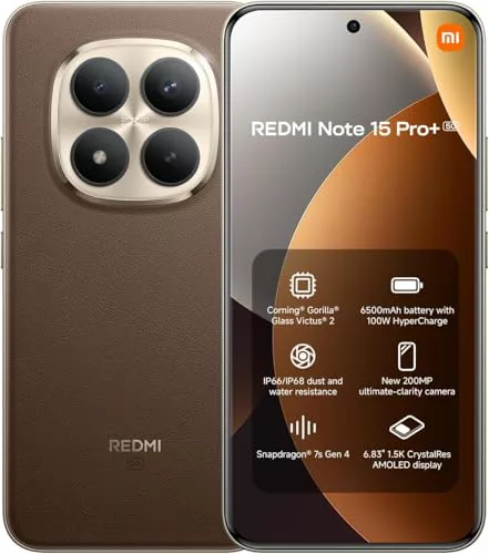 XIAOMI REDMI Note 15 Pro+ 5G - Smartphone de 8+256GB, Pantalla AMOLED 6,83" 1.5K AMOLED, Snapdragon 7s Gen 4, cámara de 200 MP, Cargador no Incluido, café Moca (Versión ES)
